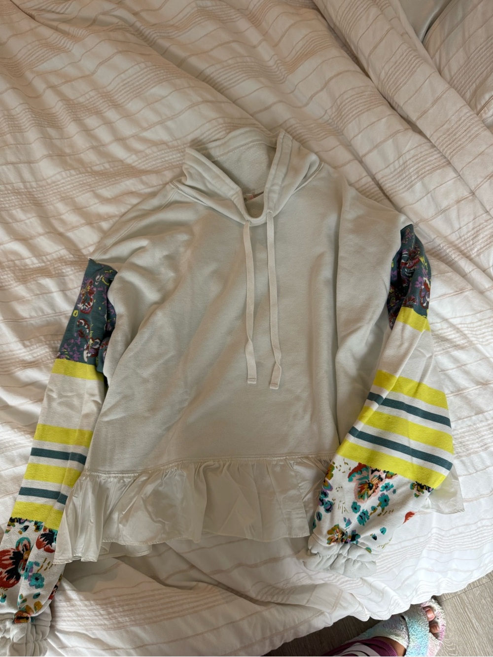 United Colors Of Benetton Cream Hoodie with Floral & Stripe Sleeve Panels